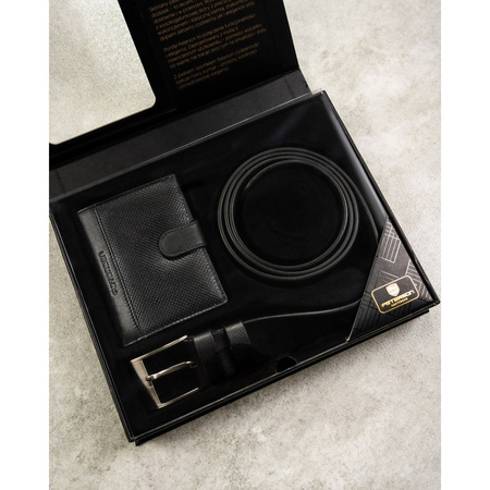 Geschenkset: vertikale Herren-Geldbörse aus Leder in Schwarz und schwarzer Gürtel aus Öko-Leder - Peterson