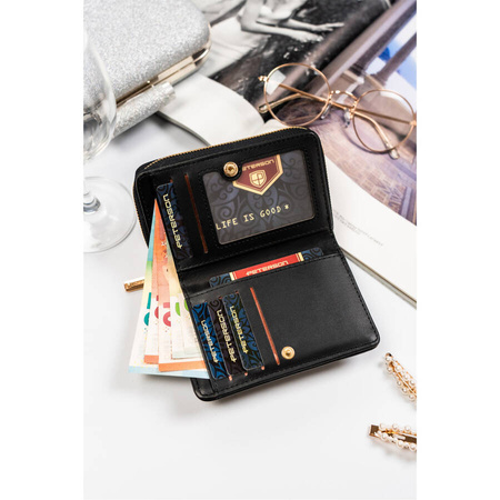 Gesteppte, schwarze Damen-Geldbörse aus Öko-Leder mit Druckknopf- und Reißverschluss – Peterson