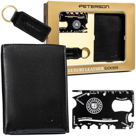Herren Geldbörse aus Leder als Geschenk mit Schlüsselanhänger und Survival-Karte – Peterson