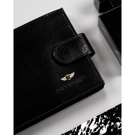 Schwarze, große Herren-Geldbörse aus echtem Leder mit Druckknopfverschluss - Peterson