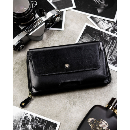 Zweifach unterteilte Herren-Handgelenktasche aus Leder in Schwarz mit Reißverschluss - Rovicky