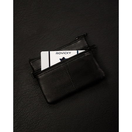 Schwarze Schlüsselbörse aus Echtleder mit Reißverschlusstaschen