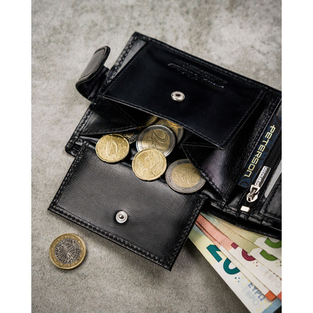 Elegante, schwarze Herren Geldbörse aus Leder mit Druckknopfverschluss – Peterson