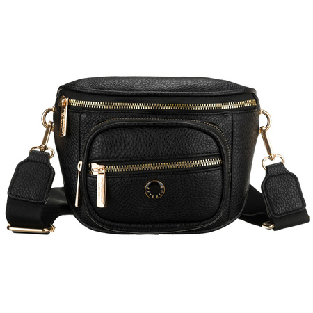 Schwarze Damen-Gürteltasche aus Öko-Leder mit Reißverschluss, getragen an einem verstellbaren Riemen – Peterson