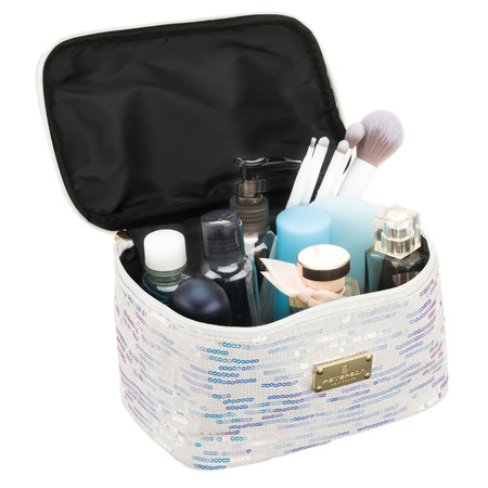 Weiße Kosmetiktasche aus synthetischem Stoff, verziert mit Pailletten, ausgestattet mit einem bequemen Griff - Peterson