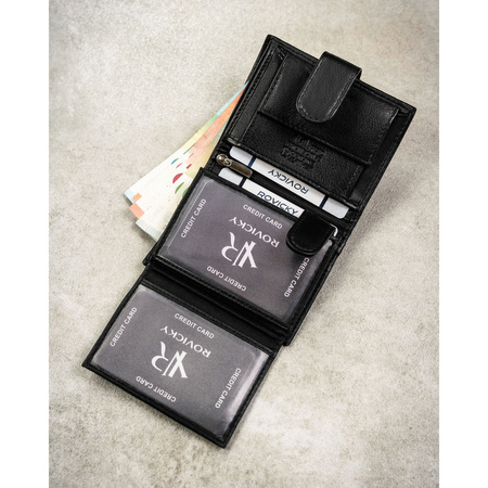 Herren-Geldbörse aus echtem Leder, schwarz, vertikal mit Druckknopfverschluss – Rovicky