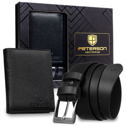 Geschenkset: vertikale Herren-Geldbörse aus Leder in Schwarz mit RFID-System und Gürtel aus Öko-Leder - Peterson