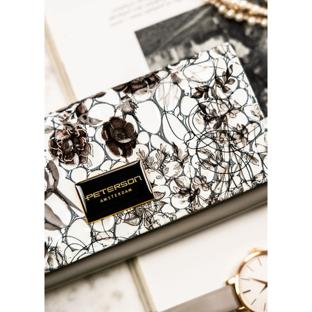 Große, horizontale Damen Geldbörse mit Druckknopf aus lackiertem Echtleder mit Blumenmuster – Peterson