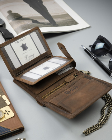 Vertikale Herren Geldbörse aus Nubukleder mit Prägung und Kette