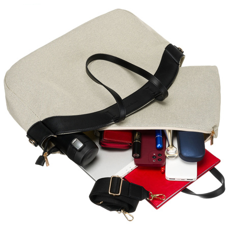 Städtische Damen Tasche aus Echtleder und Polyamidfaser in Beige-Schwarz – Peterson