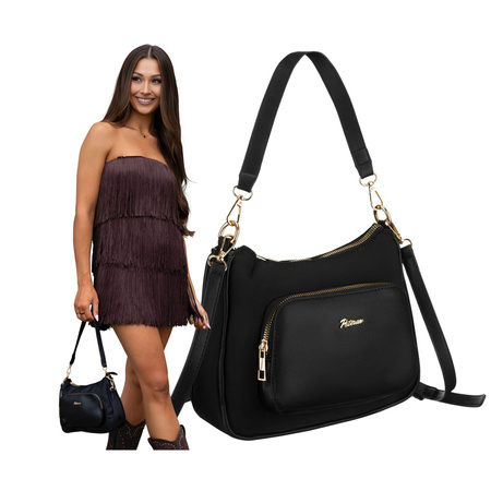 Schwarze Damen-Umhängetasche aus Nylon und Öko-Leder, an Griffen und einem abnehmbaren Gürtel aufgehängt - Peterson