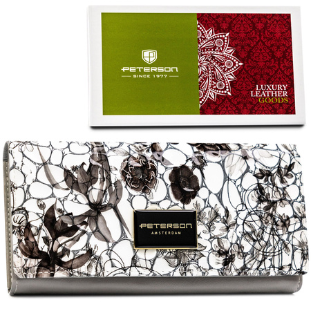 Große, horizontale Damen Geldbörse mit Druckknopf aus lackiertem Echtleder mit Blumenmuster – Peterson