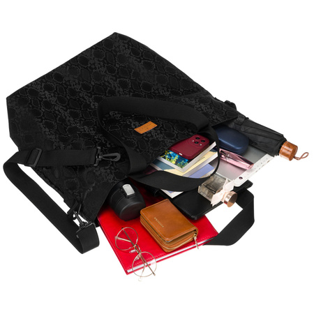 Großer, schwarzer Damen-Shopper aus Polyester, an Griffen und verstellbarem Gürtel aufgehängt – Rovicky