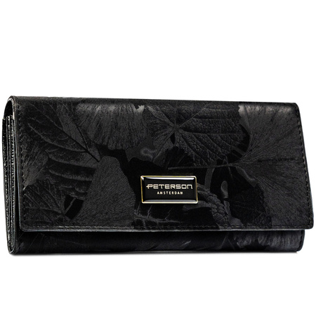 Große Damen-Geldbörse aus Natur- und Öko-Leder in Schwarz, mit Druckknopfverschluss – Peterson