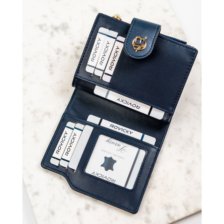 Damen-Geldbörse aus Öko-Leder in Marineblau mit Druckknopf- und Reißverschluss - Rovicky