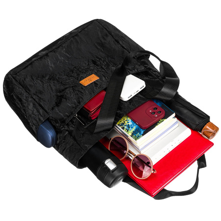 Schwarze, große Damen-Handtasche aus Polyester mit Marmormuster, mit Reißverschluss - Rovicky