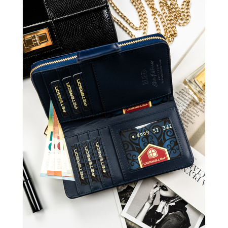 Dunkelblaue Damen Geldbörse aus Öko-Leder mit Druckknopf- und Reißverschluss – Peterson