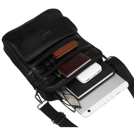 Praktische Herren-Umhängetasche aus Leder in Schwarz, ein Fach – Rovicky
