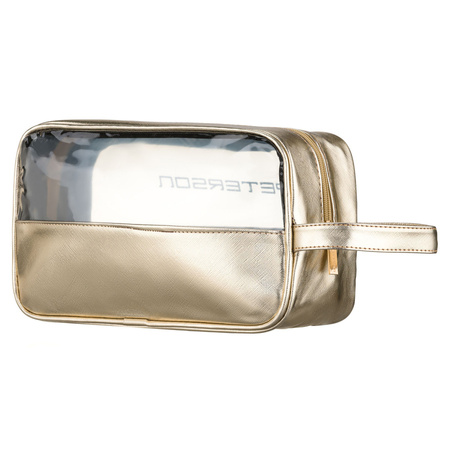 Goldene Kosmetiktasche aus synthetischem Gewebe, ausgestattet mit einem bequemen Griff und einem transparenten Fach – Peterson