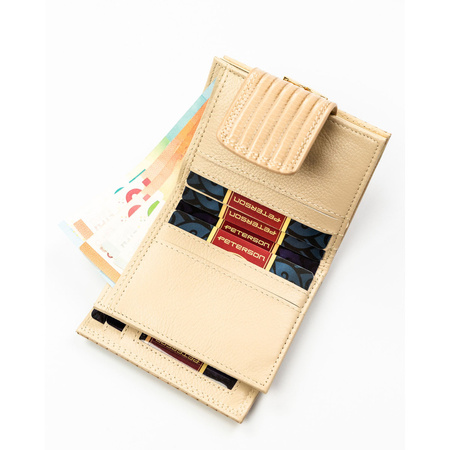 Beige Damen-Geldbörse aus Leder mit Flechtmuster, die mit einem Bügel und einem Druckknopf geschlossen wird - Peterson