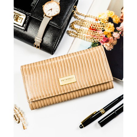 Beigefarbene Damen-Geldbörse aus Natur- und Öko-Leder mit Druckknopfverschluss, verziert mit einem Flechtmuster – Peterson