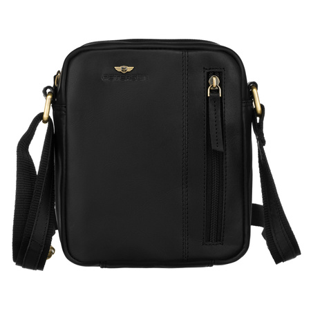 Stilvolle Herren-Umhängetasche aus Leder in Schwarz, aufgehängt an einem verstellbaren Gürtel – Peterson