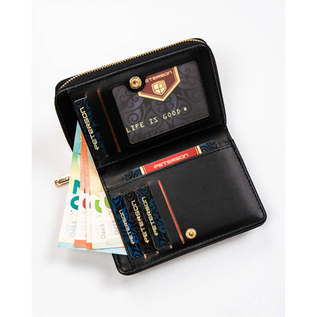 Gesteppte, schwarze Damen-Geldbörse aus Öko-Leder mit Druckknopf- und Reißverschluss – Peterson