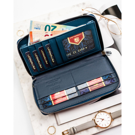 Damen-Geldbörse aus echtem und Öko-Leder in Navy, mit Reißverschluss - Peterson