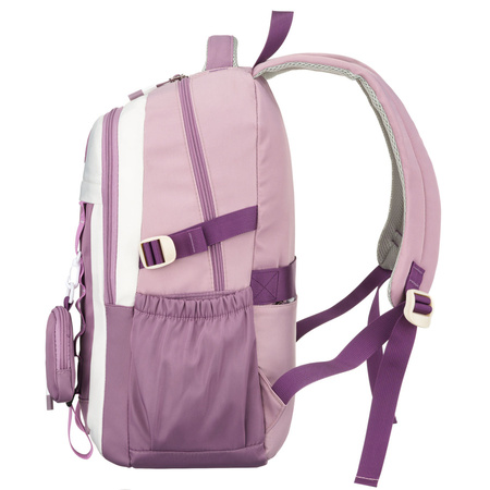 Weicher Schulrucksack aus Polyester in weiß-lila Farbe, aufgehängt an verstellbaren Trägern - Peterson