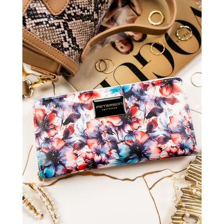 Damen-Geldbörse-Federmäppchen mit Blumen aus Natur- und Öko-Leder mit Reißverschluss – Peterson