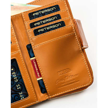 Braune, vertikale Damen Geldbörse aus Öko-Leder mit Druckknopf- und Reißverschluss – Peterson
