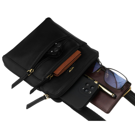 Elegante Herren-Umhängetasche aus Naturleder in Schwarz mit Reißverschluss und Etui-Set – Peterson