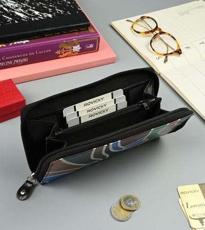 Portemonnaie Damen im Federmäppchen-Stil mit geprägter Struktur, Echtleder