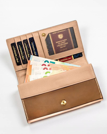 Große, horizontale Damen Geldbörse in Schwarz-Gold mit Druckknopfverschluss – Peterson