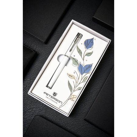 Weiß-silberner Metallkugelschreiber mit schwarzer Mine – Peterson