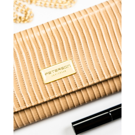 Beigefarbene Damen-Geldbörse aus Natur- und Öko-Leder mit Druckknopfverschluss, verziert mit einem Flechtmuster – Peterson