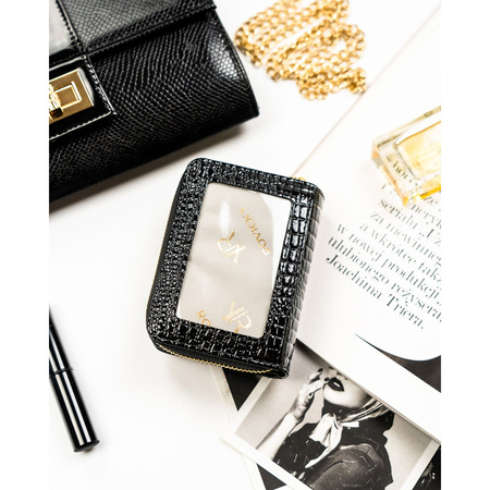 Damen-Geldbörse aus Leder in Schwarz mit Reißverschluss und Druckknopf – Rovicky