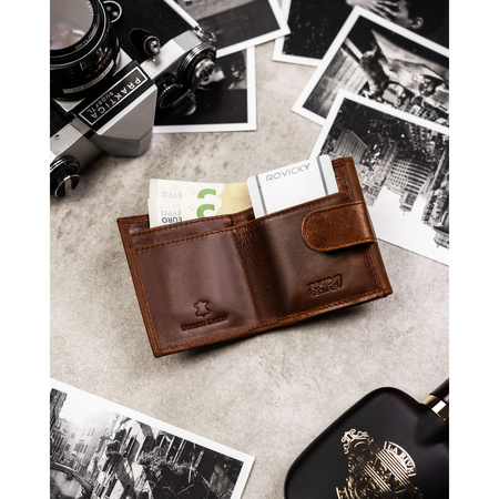 Kleine und schlanke Herren-Geldbörse aus Leder in Braun mit Druckknopfverschluss – Rovicky