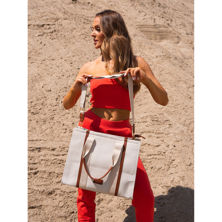 Modische Damen Shopper Tasche in Braun-Beige mit verstellbarem Gurt – Peterson