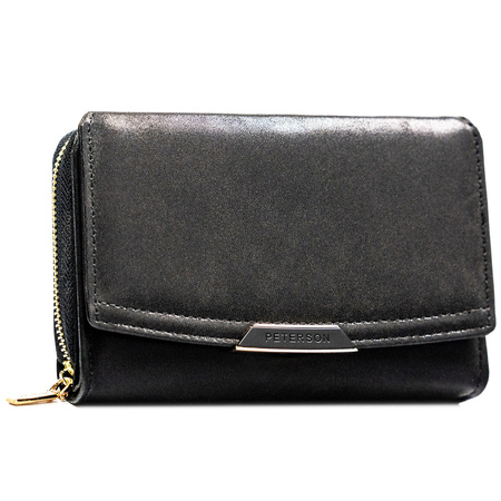 Schwarze Damen-Geldbörse aus Öko-Leder mit Druckknopf- und Reißverschluss – Peterson