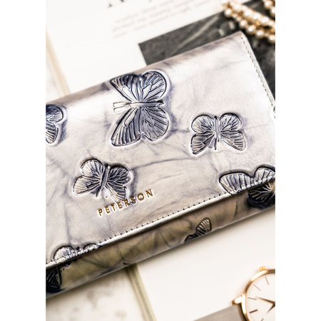 Geräumige Damen Geldbörse aus echtem Leder in Silber mit Druckknopf – Peterson