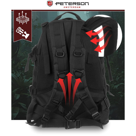 Peterson – Schwarzer Militärrucksack, dreifach unterteilt, an verstellbaren Trägern aufgehängt