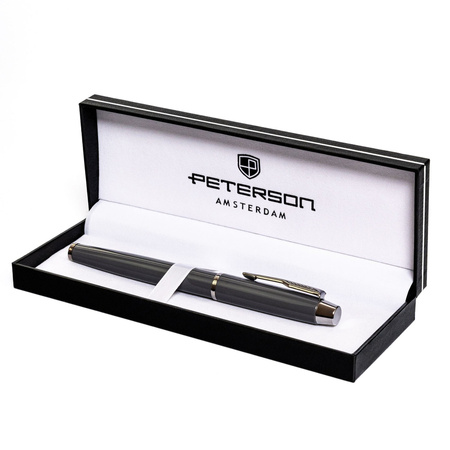 Grauer Metallkugelschreiber mit austauschbarer Mine in eleganter Geschenkbox – Peterson