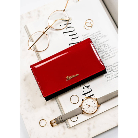 Moderne Damen Geldbörse aus echtem Leder in Rot-Schwarz mit Druckknopf und Bügelverschluss – Peterson