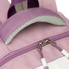Weicher Schulrucksack aus Polyester in weiß-lila Farbe, aufgehängt an verstellbaren Trägern - Peterson