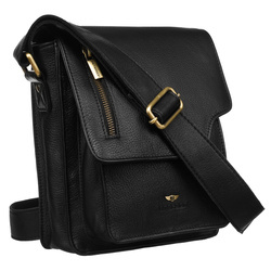 Schwarze Herren-Umhängetasche aus Leder mit Klappe, aufgehängt an einem verstellbaren Gürtel - Peterson