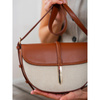 Beige-braune halbrunde Damen Umhängetasche aus Leder und Canvas – Peterson