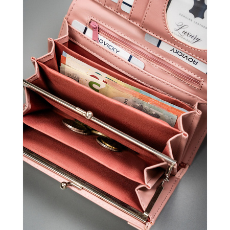 Rosa, große Damen-Geldbörse aus Öko-Leder mit Außenfach, mit Druckknopf verschließbar - 4U Cavaldi