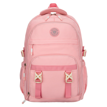 Modischer Schulrucksack aus Polyester in Rosa, an verstellbaren Trägern hängend - Peterson