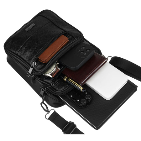 Schwarze Herren-Umhängetasche aus Naturleder, mit Reißverschluss – Rovicky